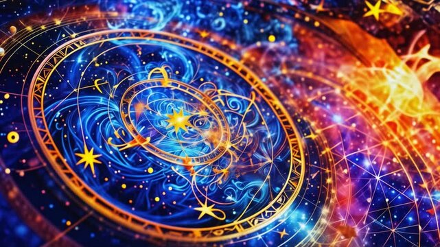 Vibrant Zodiac Astrology Wheel with Celestial Patterns
