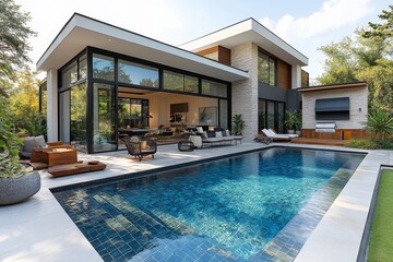 Fototapeta premium A modern residence featuring a luxurious outdoor living space with a sleek tile pool in the backyard. Generative AI