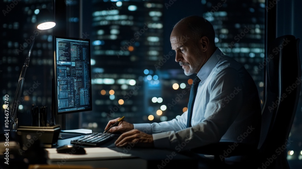Poster A man is sitting at a desk with a computer monitor in front of him