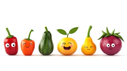 A row of five cartoon fruits and vegetables with happy faces, including a red pepper, an orange pepper, a green squash, a yellow citrus fruit, a yellow pear, and a red strawberry.