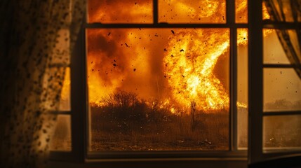 Fototapeta premium cinematic photograph of explosion outside window with forest view, intense flames, smoke, and black ash creating a scene of danger, heat, and destruction, seen from inside a house