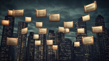 Modern Tech Interface with Floating Text Over Cityscape