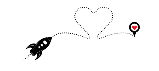 Abstract spaceship, rocket, heart shape route, red heart vector. Creative love concept design to use for valentines day, business, love concept projects.