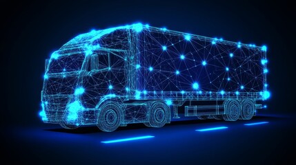 Futuristic Delivery Truck Transportation with Glowing Lines and Dots on a Dark Background