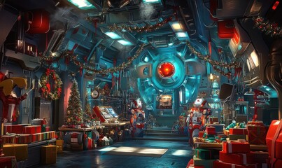 A bustling north pole workshop with robot elves, festive decorations, and wrapped gifts, symbolizing a futuristic take on christmas magic