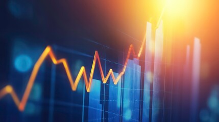 A close-up shot of a bar graph showing growth with a line graph overlayed, with a bright light shining on the top of the chart.