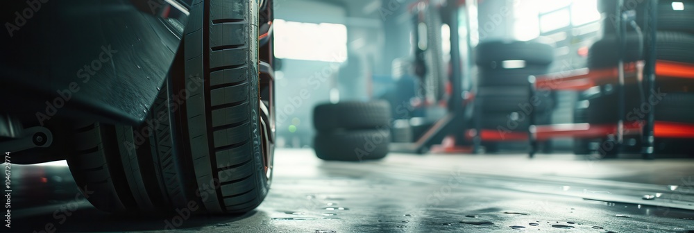 Poster A mechanic changes tires in a well-lit garage, utilizing various tools while another set of tires is visible in the background. Generative AI