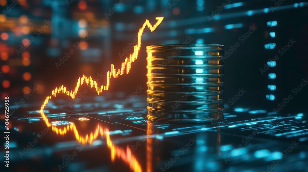 Poster a stack of gold coins with an upward trending chart in the background, symbolizing growth and succes