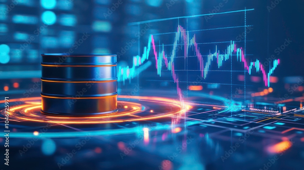 Aufkleber A 3D rendered image of a database server with a stock market chart in the background, representing data storage, analysis, and trends in finance.
