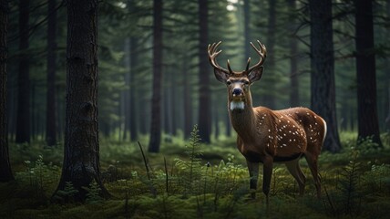 Fototapeta premium A spotted deer with large antlers stands in a dense forest, staring directly at the camera.