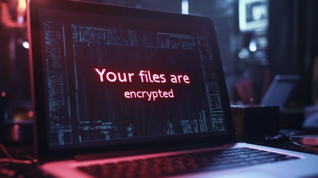 A close-up of a laptop screen showing a "Your files are encrypted" message from a ransomware attack, with a timer counting down.
