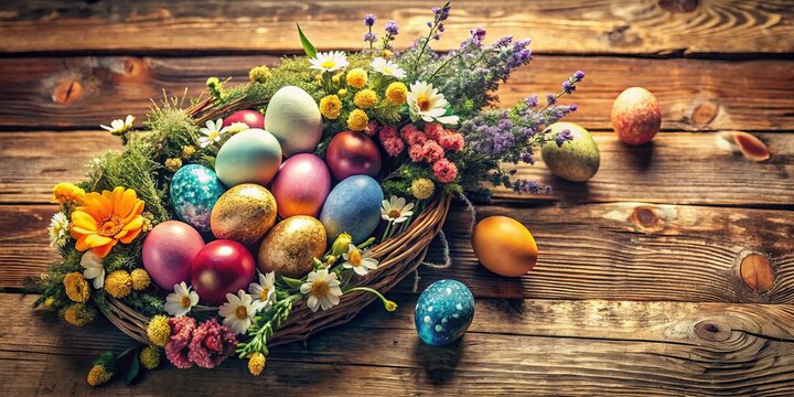 Vintage Style Photography of Osterstrauch with Colorful Easter Eggs, Floral Arrangements, and Rustic Decorations for a Spring Celebration