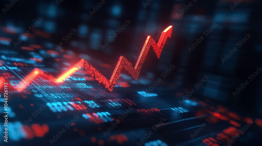 Poster a red upward arrow rises over a digital background of blue and red numbers, representing growth and 