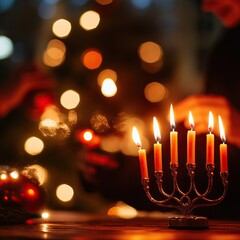 A beautifully lit menorah with glowing candles, creating a festive atmosphere during the holiday season.