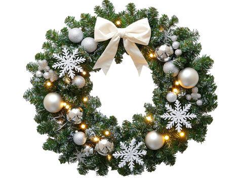 Elegant christmas wreath with silver decorations. Transparent background png. - Powered by Adobe