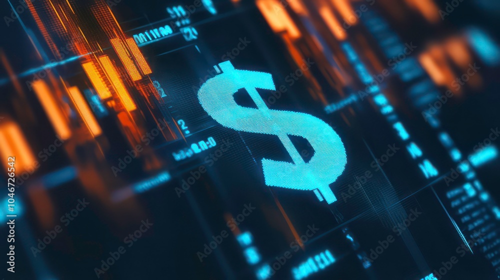 Poster a glowing blue dollar sign is displayed on a computer screen with a background of orange and blue di