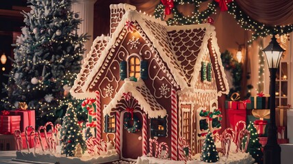 Fototapeta premium Charming gingerbread house adorned with candy and icing for delightful Christmas festivities