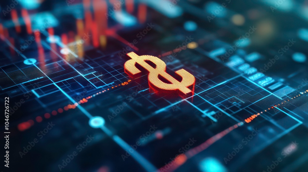 Aufkleber a 3d rendering of a glowing red dollar sign on a futuristic, blue and red circuit board.