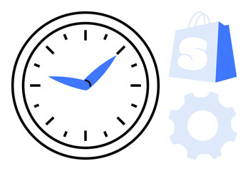 Large clock with blue hour and minute hands, shopping bag with white letter S, and grey gear. Ideal for business, productivity, scheduling, shopping, time management, efficiency