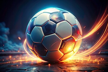 Naklejka premium Futuristic White Soccer Ball with Neon Burn Details in Vintage Style Photography, Sport Equipment, Neon Aesthetics, Retro Vibes, Futuristic Design, Soccer Gear, Artistic Presentation, Dynamic Lighting
