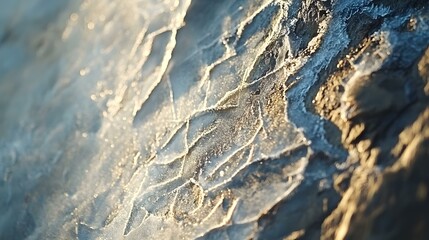 Obraz premium Close-up of textured rock surface with intricate patterns, capturing nature's geological details in warm, golden sunlight.