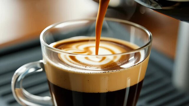 highquality 4K video capturing rich process espresso being poured glass beautifully coffeemaking tradition caf&eacute;s classic ambiance coffee shops drink beverage hot cup glasses caffeine