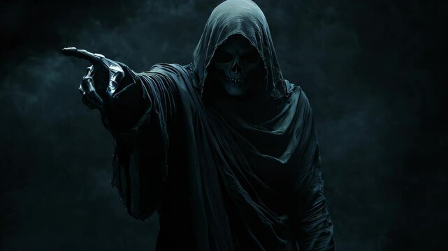 The grim reaper reaching towards the camera over black background