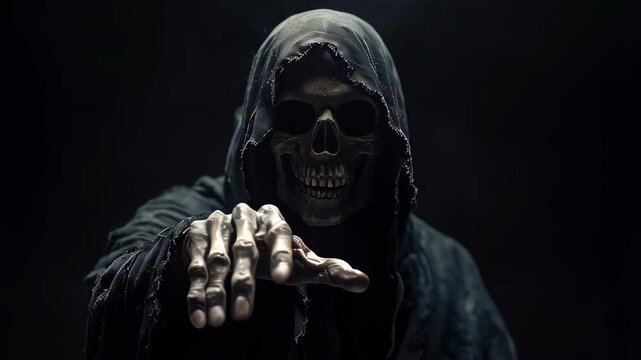 The grim reaper reaching towards the camera over black background