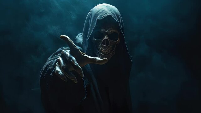 The grim reaper reaching towards the camera over black background