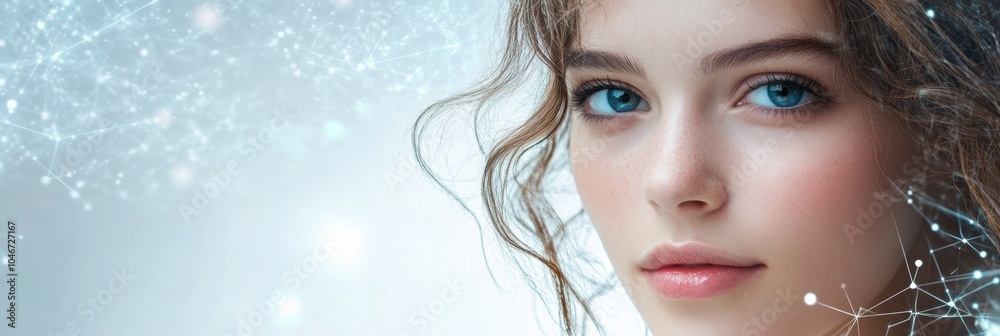Poster a beautiful young woman gazes directly, surrounded by a vibrant 3d network and flowing data, illustr