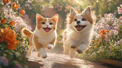 A dog and cat running side by side happy smiles on their faces