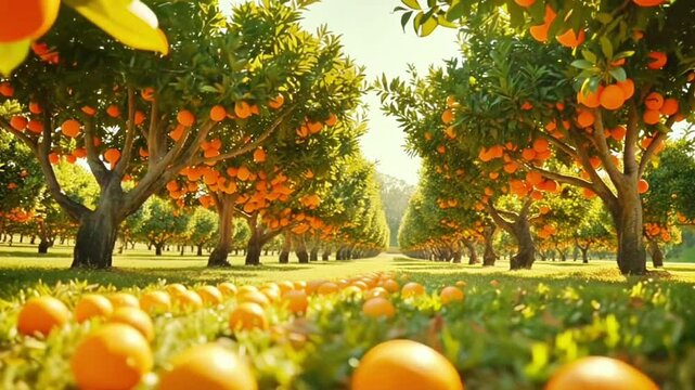 Orange trees bearing heavy fruit with green leaves on agricultural land, blown by the wind, and some oranges fell