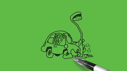 draw accident scene where car struck in electric pole and crash bumper badly with black outline on abstract green screen background   
