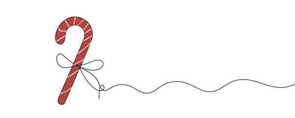 Continuous line art candy cane. Sweet treat of christmas candy, red lollipop in one line style. vector illustration