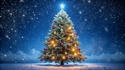 Beautifully decorated Christmas tree with lights and ornaments in a snowy landscape