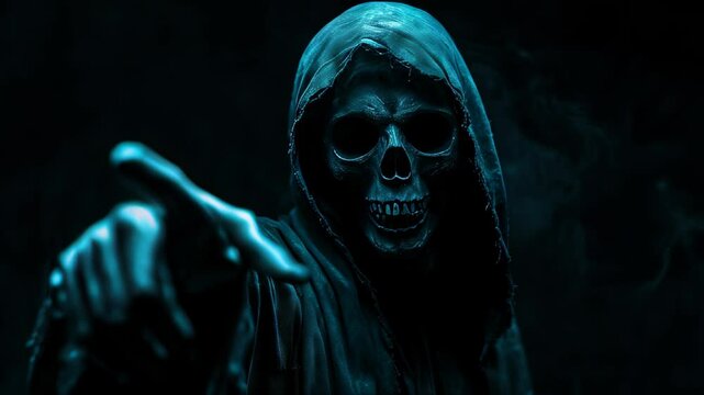 The grim reaper reaching towards the camera over black background