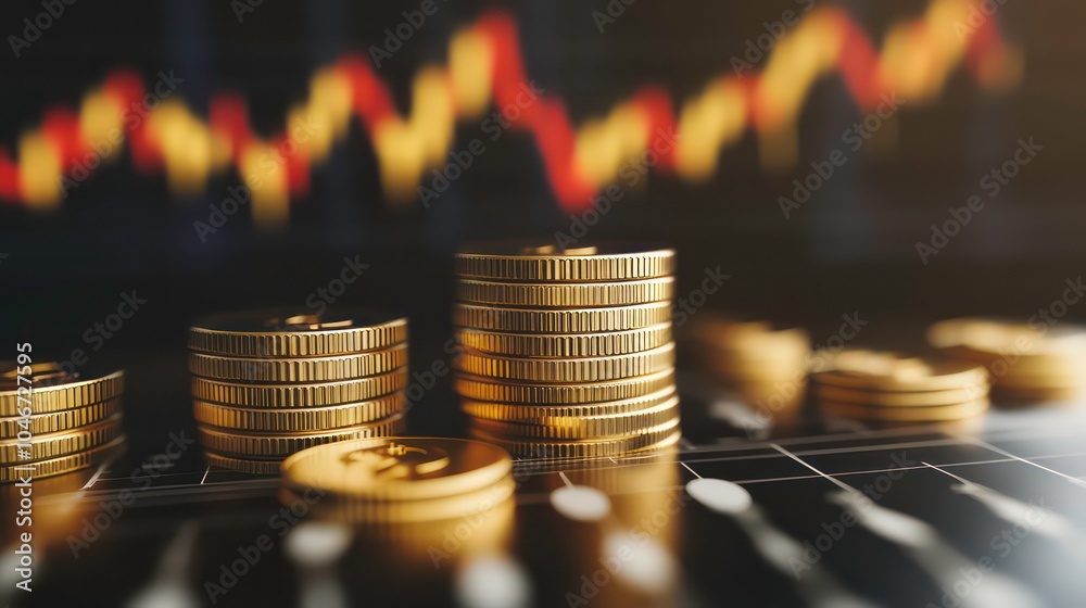 Aufkleber stacks of gold coins on a financial chart with a blurred stock market graph in the background, repre