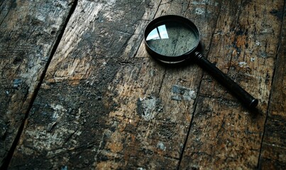 a magnifying glass rest on a rustic wooden surface