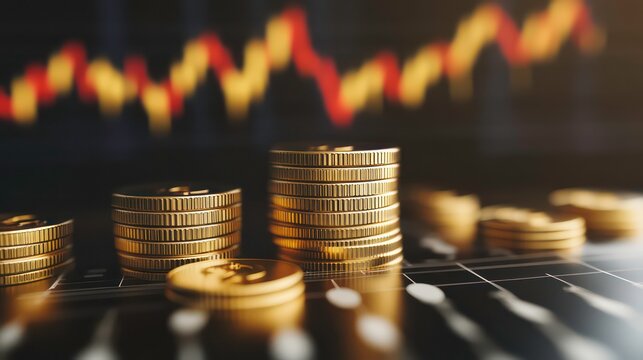 Stacks of gold coins on a financial chart with a blurred stock market graph in the background, representing growth and investment success.