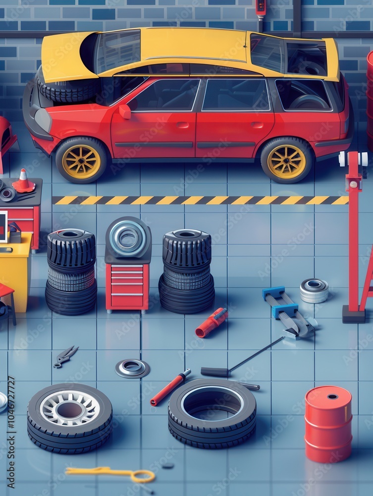 Aufkleber a garage filled with tools as an individual changes the tires of a red and yellow vehicle during day