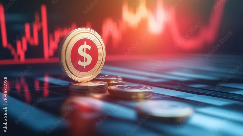 Poster a single gold dollar coin sits on a stack of coins against a background of a red financial chart, si