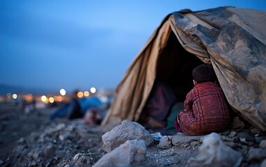 Child sitting outside a makeshift tent at twilight, highlighting struggles of displaced communities.