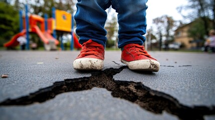 Child's red shoes standing on cracked playground surface, highlighting urban decay and safety concerns. - Powered by Adobe