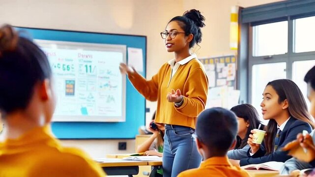 a teacher who teaches in front of the class, with students who pay serious attention to receive the lesson