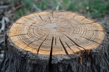 A close-up of a tree stump with a growth ring count, symbolizing the long life cut short by deforestation.