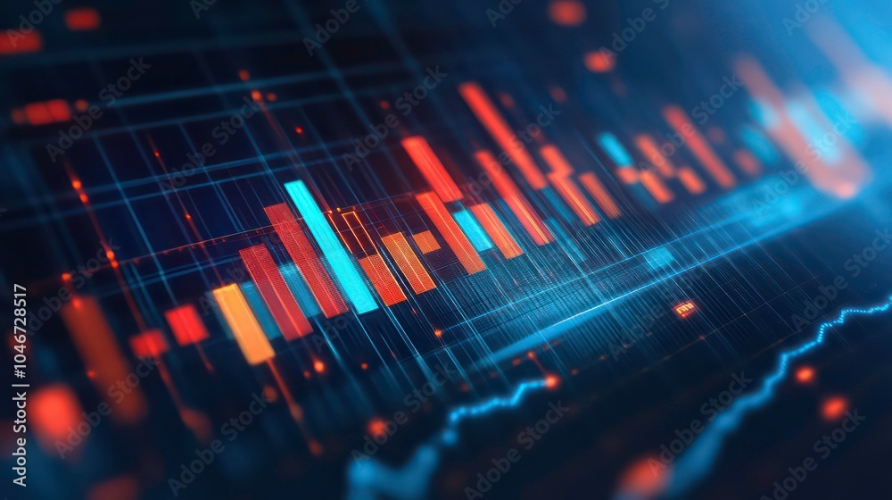 Leinwandbilder abstract blue and red bars and line graph in a dark background with grid, depicting financial data o