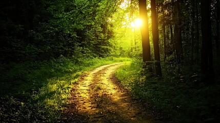 Obraz premium A Serene Pathway Through a Lush Green Forest Embraced by Golden Sunlight