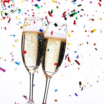Immagine molto bella di uno sfondo bianco celebrativo con due calici flute con spumante e tanti coriandoli colorati intorno