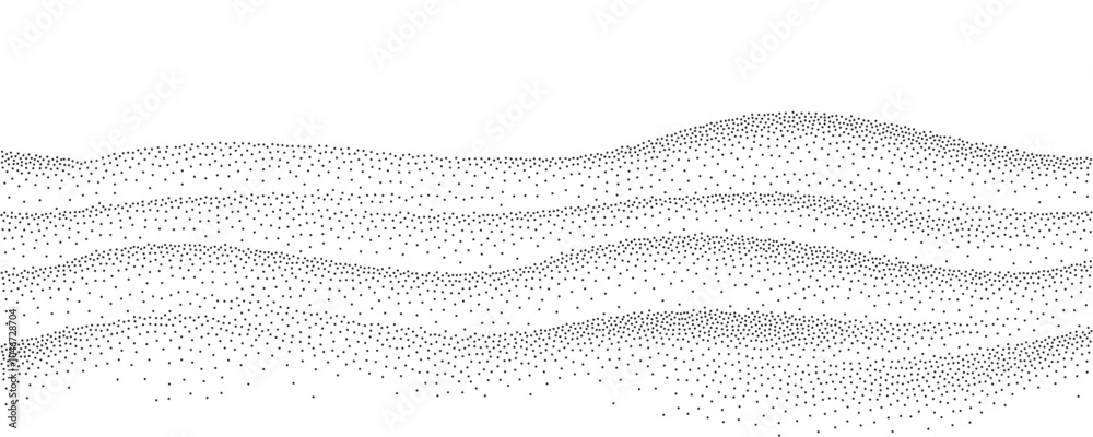 Aufkleber Abstract stippled winter snow valley, hills, mountains landscape. Black halftone dots particles wave pattern. Sand grain vector texture with speckles and granules isolated on transparent background