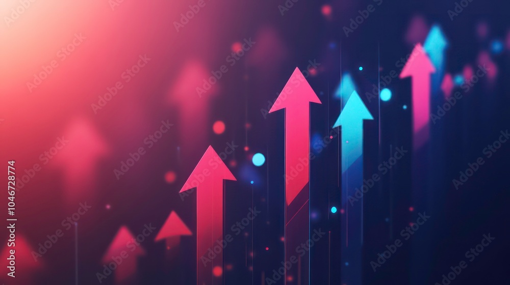 Poster abstract background with glowing red and blue arrows pointing upwards, symbolizing growth and progre